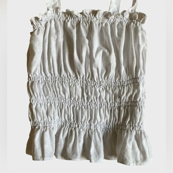 Reformation Shirred Tie-Strap Linen Top Women's Size M White Ruffle Hem Coquette - Picture 3 of 14